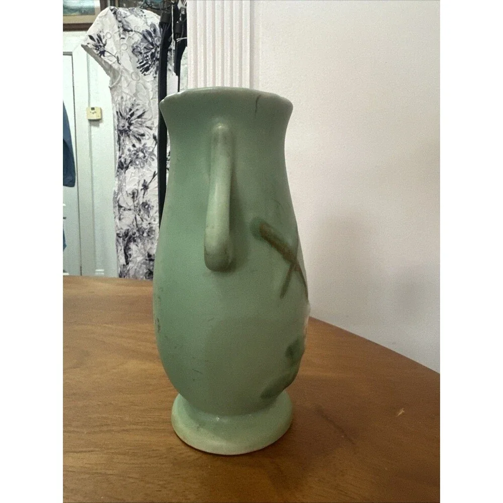 Vtg. Weller WIld Rose / Dogwood Aqua Green Double handle Vase 6.5